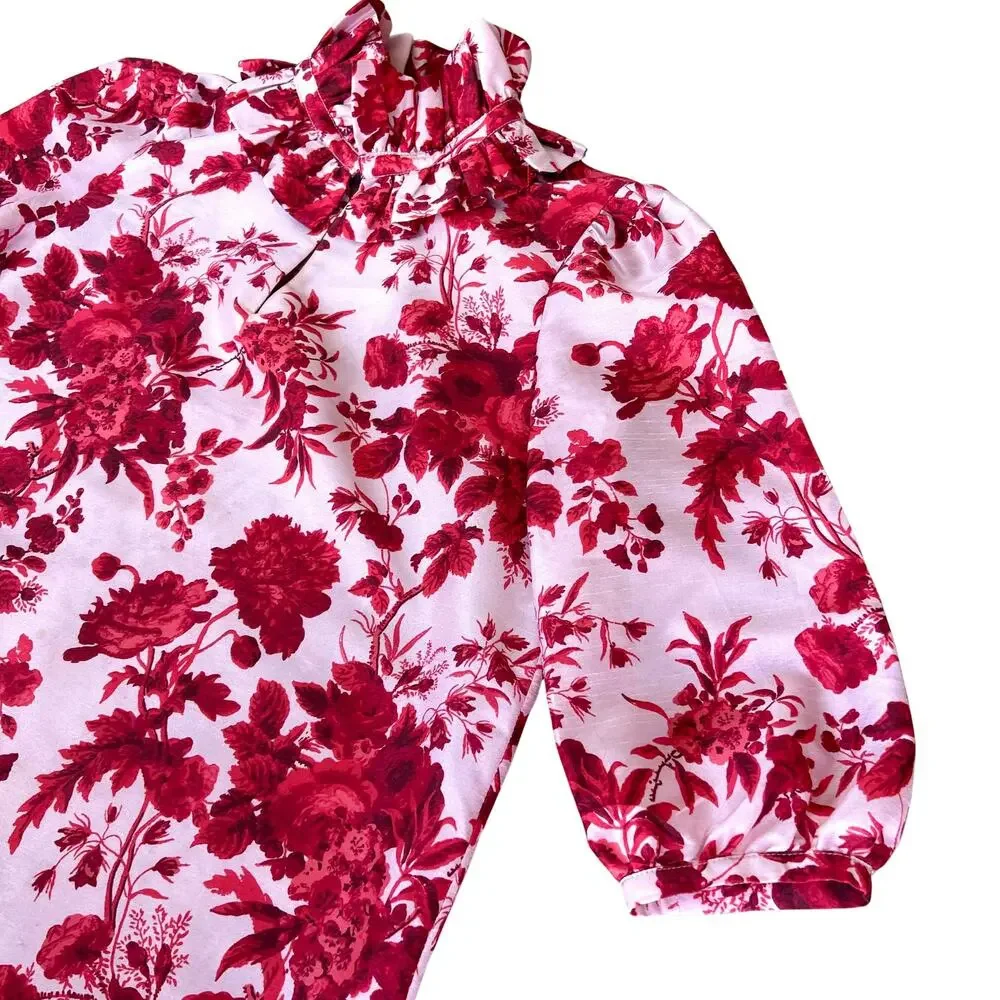Tuckernuck‎ Zinnia Bloom Bouvier Blouse | Size XXS | Red Floral Ruffle Neck